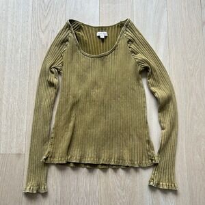 Knox Rose Ribbed Scoop Neck Long Sleeve Top Sz M Olive Green Stretch Casual Boho